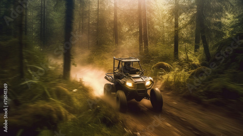 ATV speeding through forest.