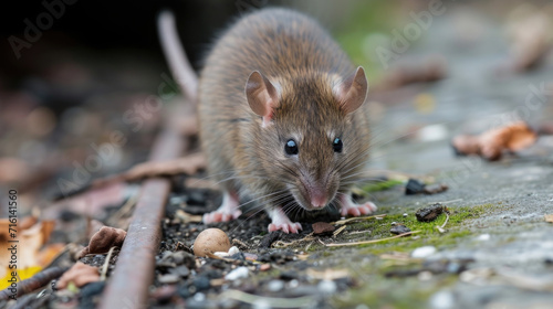 Closeup of a rat nibbling on a discarded piece of food left on the subway tracks taking advantage of the human activity above ground