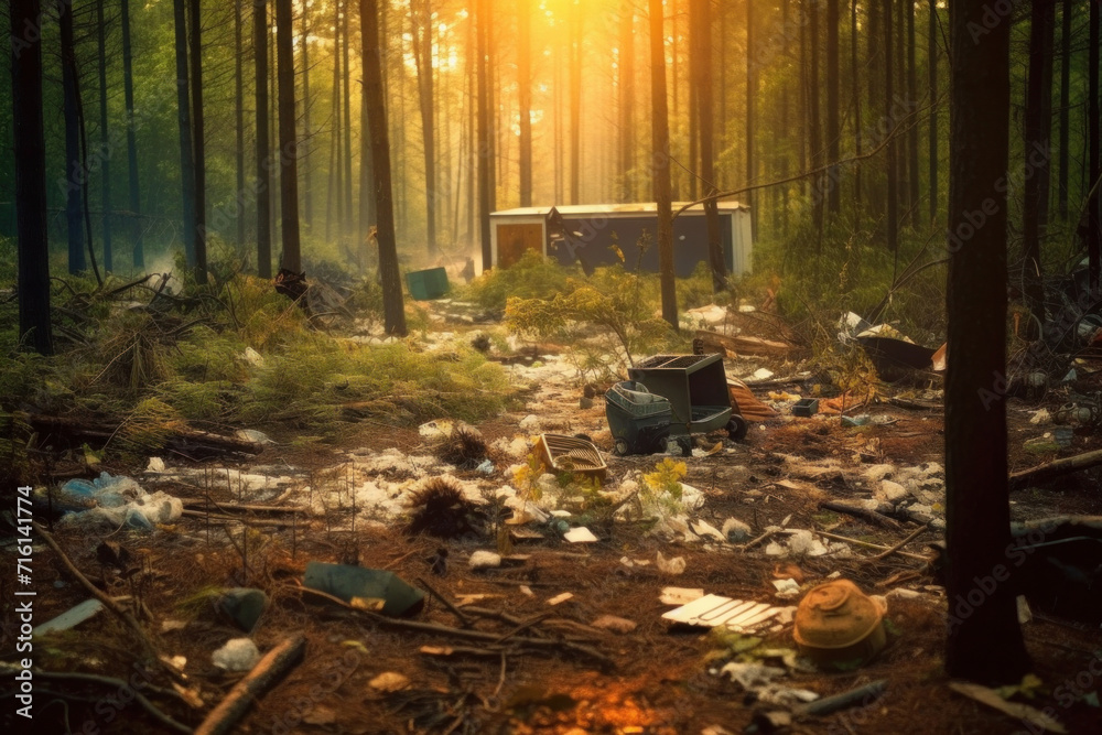 Garbage in beautiful forest. destroyed nature Garbage in beautiful forest. destroyed nature