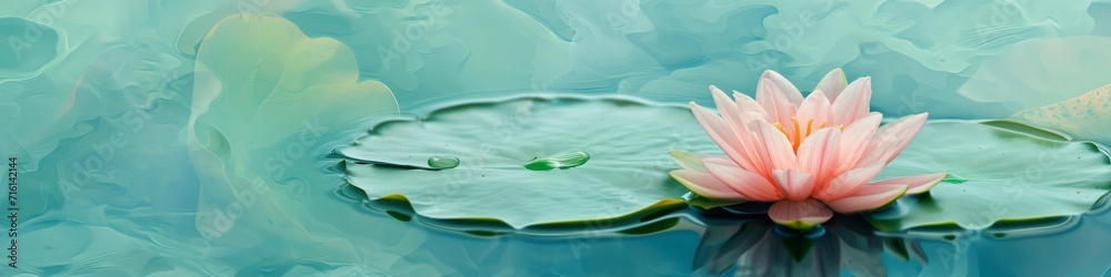 A panoramic photorealistic serene backdrop  illustration view of Water Lilly flowers in blossom floating in a pond , featuring a soft focus in a banner poster format. Generative AI