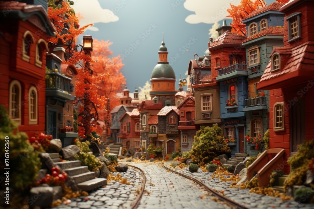 Fototapeta premium Adorable Miniature Town with Cobblestone Streets, on an isolated Terracotta Red background, Generative AI