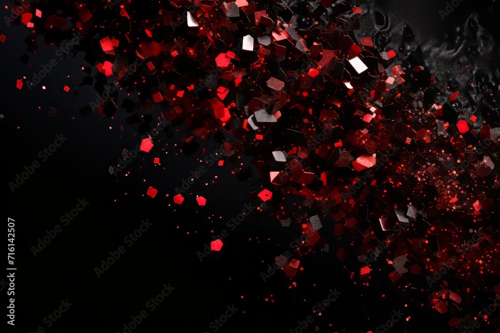 Shimmering glitter particles red glitter shining on black background