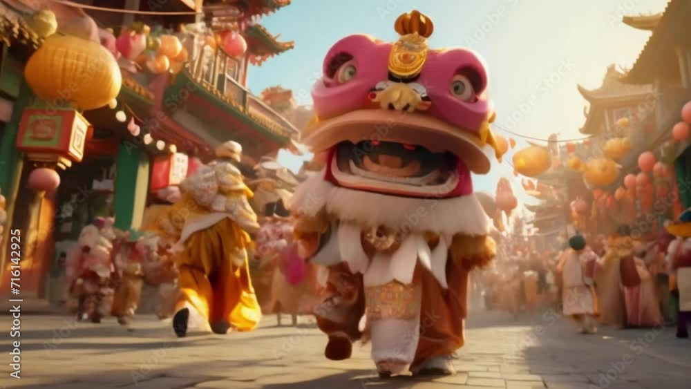 Chinese new year celebration in the night with 3d lion dance costume Chinese new year celebration in the night with 3d lion dance costume