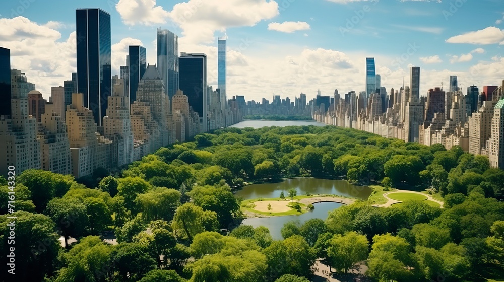 Obraz premium Aerial Helicopter Footage Over Central Park with Nature, Trees, People