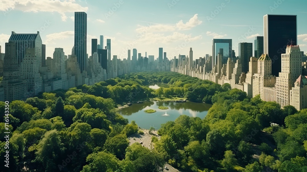 Fototapeta premium Aerial Helicopter Footage Over Central Park with Nature, Trees, People