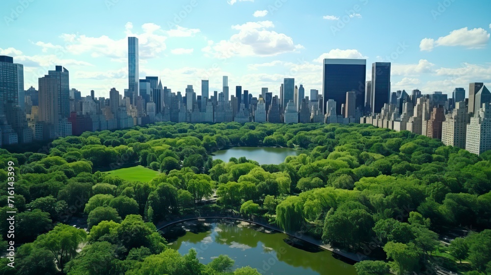 Obraz premium Aerial Helicopter Footage Over Central Park with Nature, Trees, People