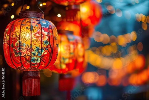 Illuminated Elegance Vibrant Chinese Lanterns Adorned with Floral Patterns Lighting Up the Night  Creating a Magical Atmosphere