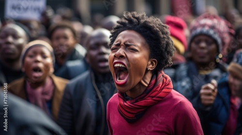 African American woman screams at a protest. Fight for your rights  demonstration and strike.