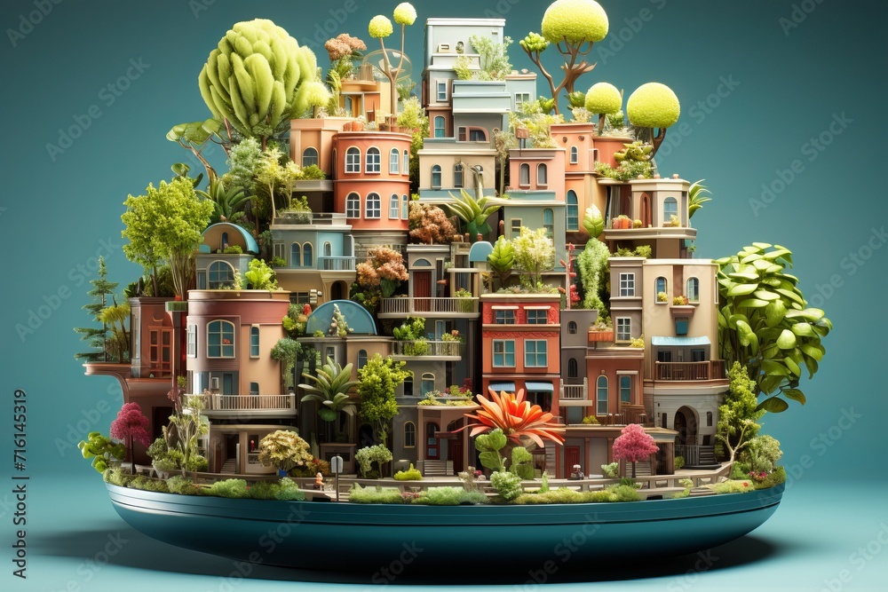 Mini Urban Oasis with Colorful Miniature Buildings, on an isolated Minty Blue background, Generative AI