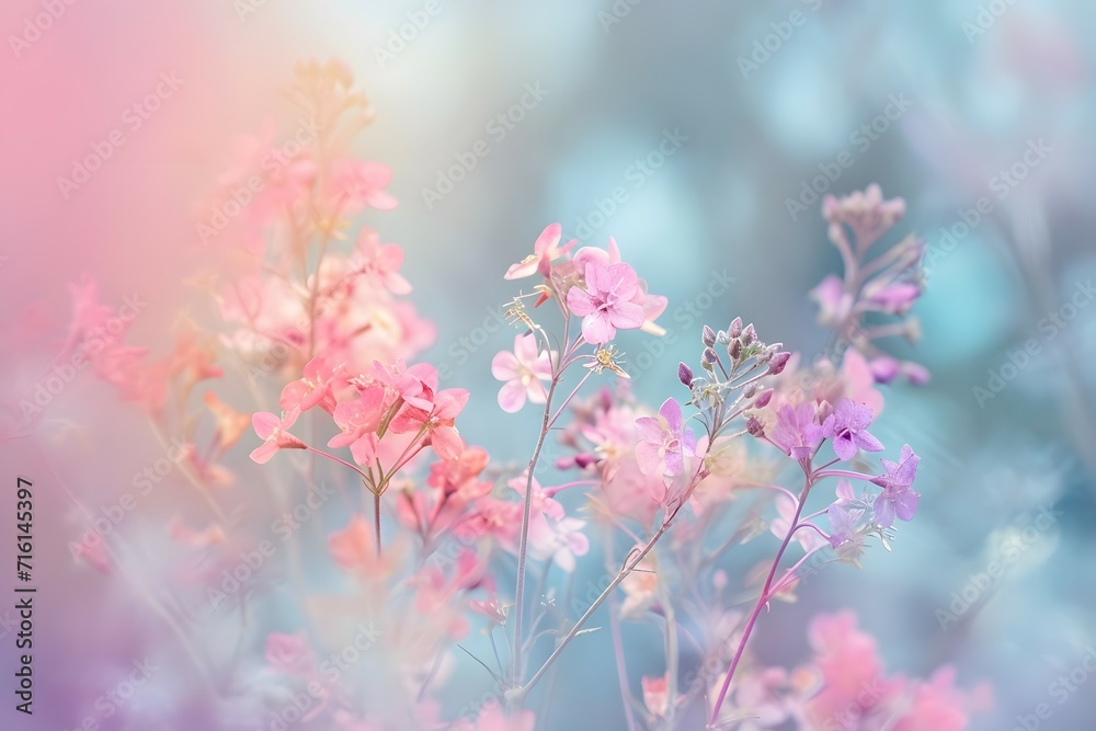 Fototapeta An ethereal display of delicate flowers in a dreamy pastel setting evokes a sense of calm and serenity