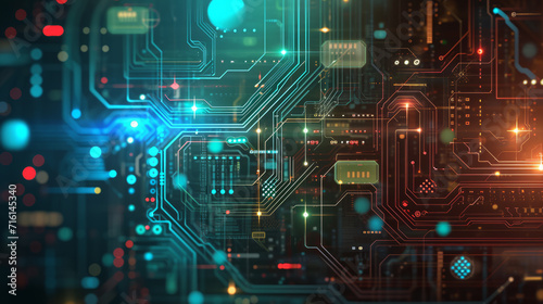 Blue Circuit Board with Spots in a Technological Space of Light and Texture - a Digital Science Illustration for Computer and Data Concepts in Cyberspace