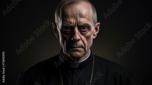 The judgmental look of a Catholic priest. A 50-year-old man looks at him with disapproval. Religion and moral dilemma.