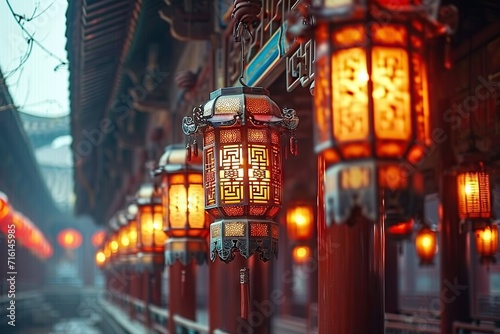 Illuminated Traditional Chinese Lanterns Adorning a Temple, Creating a Mystical and Serene Atmosphere at Dusk © photobuay