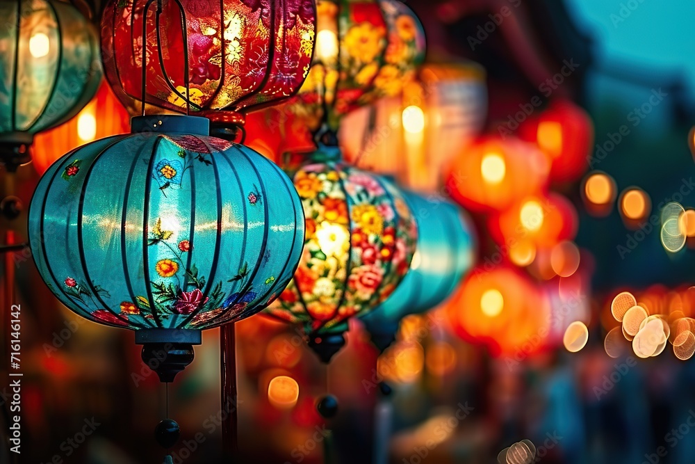Illuminated Beauty A Colorful Array of Traditional Lanterns Lighting Up the Night, Adorned with Intricate Designs, Creating a Magical Atmosphere