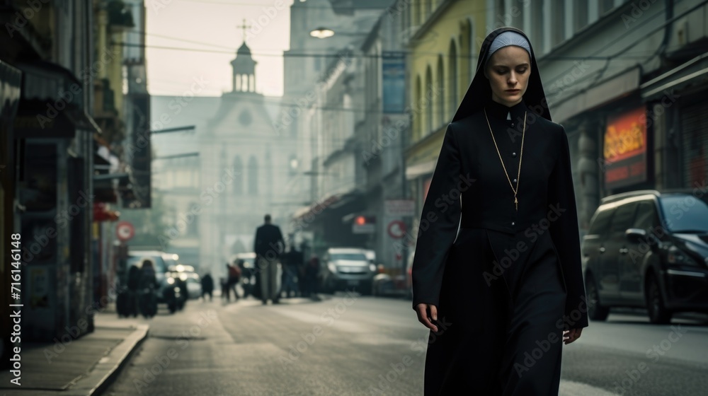 A young Catholic nun walks along a city street. Religion and culture.