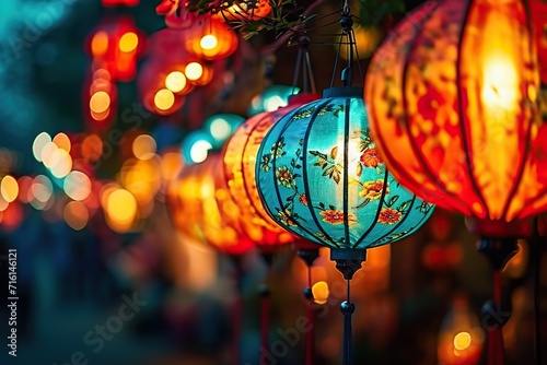 Illuminated Beauty A Colorful Array of Traditional Lanterns Lighting Up the Night  Adorned with Intricate Designs  Creating a Magical Atmosphere