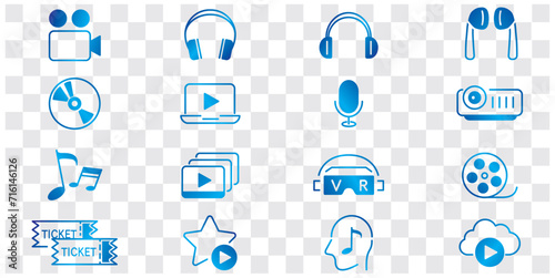 Content line icons editable set vector. Music Camera Audio Dj Piano Video Media Microphone Webcam Television Earphones Cinema
