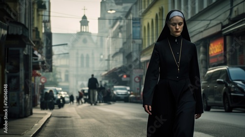 A young Catholic nun walks along a city street. Religion and culture.