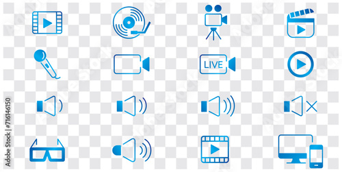 Content line icons editable set vector. Music Camera Audio Volume Video CD Record Media Microphone Webcam Television Cinema