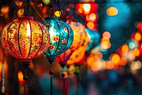 Illuminated Beauty A Colorful Array of Traditional Lanterns Lighting Up the Night, Adorned with Intricate Designs, Creating a Magical Atmosphere © photobuay