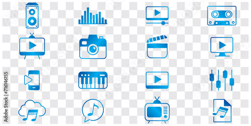 Content line icons editable set vector. Music Camera Audio Dj Piano Video Media Microphone Webcam Television Earphones Cinema