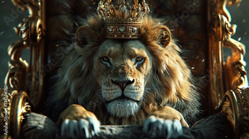 A picture of a lion wearing a crown and sitting on a throne  imagining itself as the king  generative ai