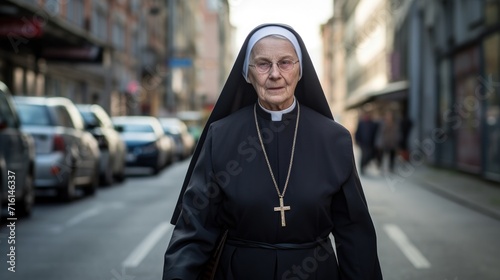An old Catholic nun walks along a city street. Religion and culture.