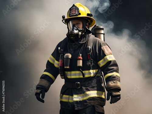 Brave Firefighter in Gear Amidst Smoke, Ready for Action