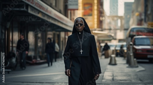 An old Catholic nun walks along a city street. Religion and culture. © Restyler
