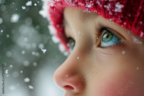 close up portrait of a kid with snowflakes