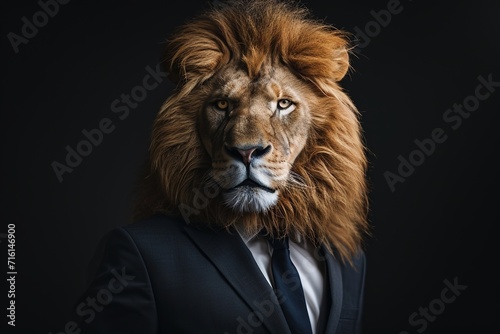 Photo lion dressed in a formal business suit anthropomorphic businessman, generative ai