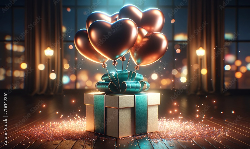 a romantic scene featuring a gift box with a shiny teal ribbon - obrazy, fototapety, plakaty 
