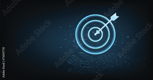 Set up objectives and targets for business investment concepts. The blue round-shaped target consisting of polygons with a thin arrow represents setting goals correctly on a dark background