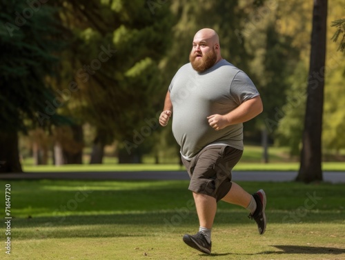 A fat man of thirty years old plays sports and runs in a city park in the summer. Fighting excess weight, active lifestyle, losing weight.
