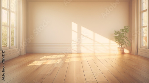 Room interior empty living room background with sunlight and shadows. Mockup wood table and parquet floor with Generative Ai.