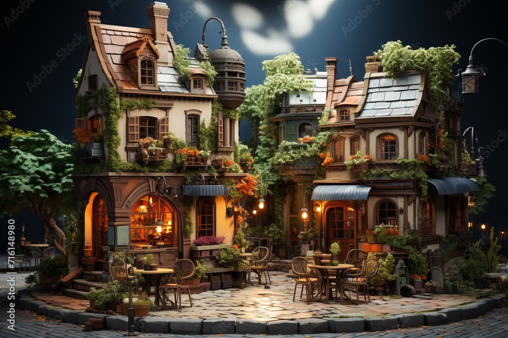 Quaint Miniature Village Square, on an isolated Rustic Brown background, Generative AI