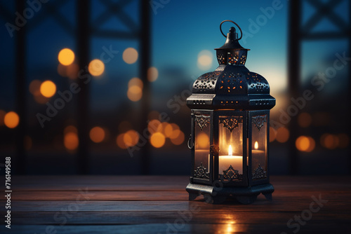 Lantern at the window. Ramadan Kareem greeting card.