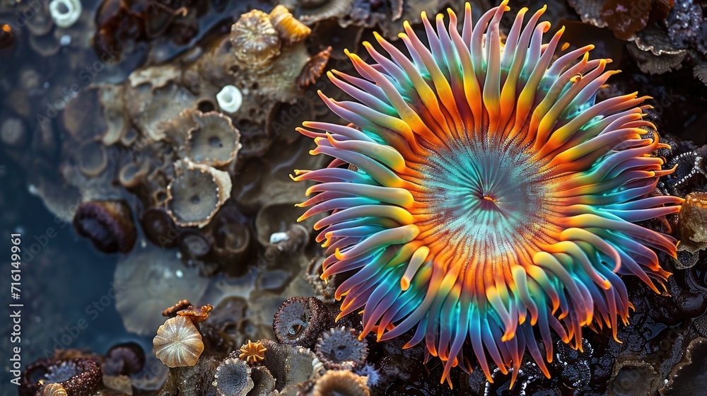 Closeup of a vibrant and colorful sea anemone its intricate patterns and details highlighted against a rocky surface adorned with barnacles