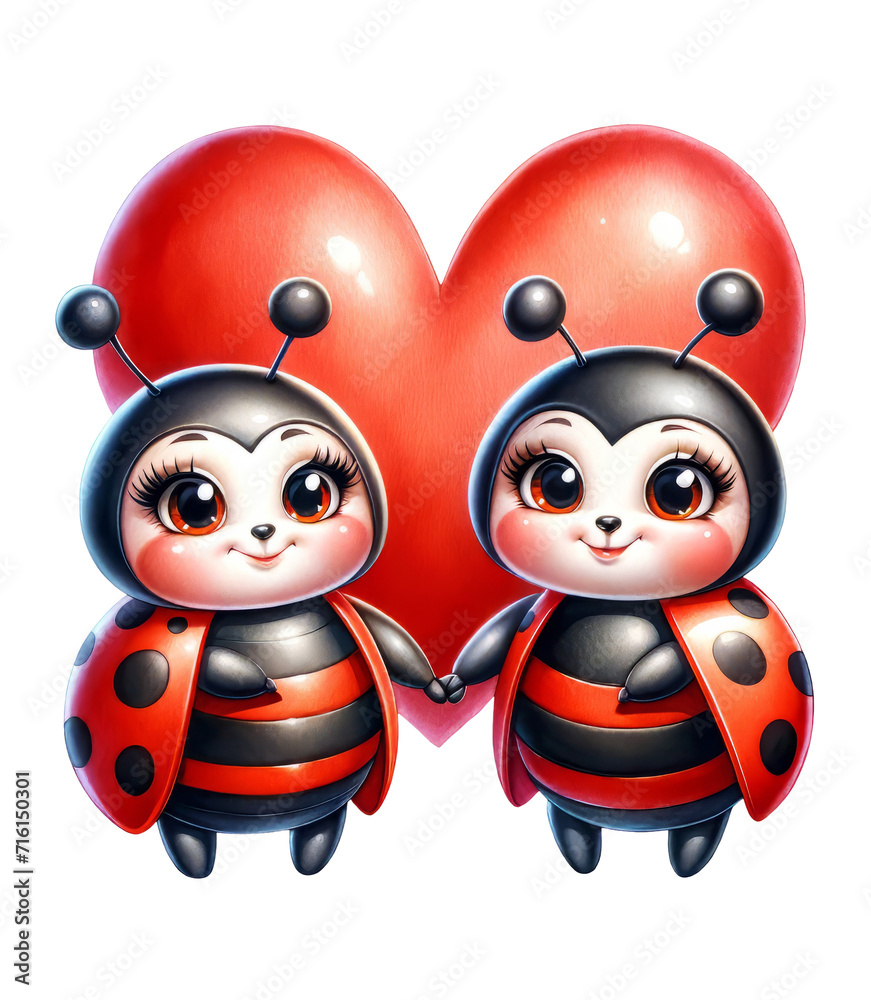 Fototapeta premium Cute Ladybug Couple with heart Watercolor Clipart on Transparent Background. Cute Ladybugs Valentine's Day Clipart.