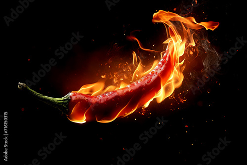 A flaming hot red chilli pepper on fire. Burning hot spicy chilli food