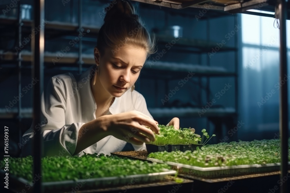 Fototapeta premium A worker in a micro green house examining green sprout.