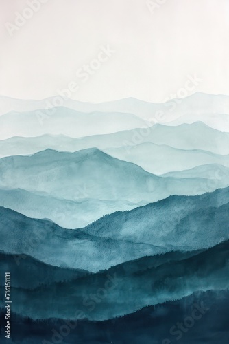 Blue mountain landscape in watercolor on textured paper, featuring neutral muted tones and a striking emerald green monochrome palette. 