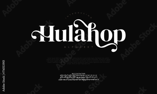 Hulahop premium luxury elegant alphabet letters and numbers. Elegant wedding typography classic serif font decorative vintage retro. Creative vector illustration