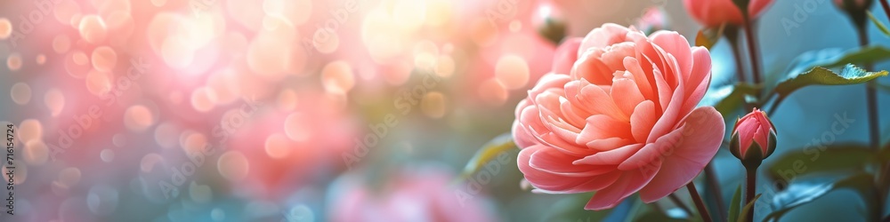A panoramic photorealistic serene backdrop  illustration view of flowers, featuring a soft focus in a banner poster format. Generative AI