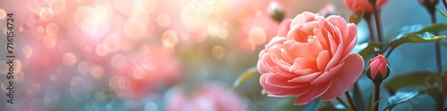 A panoramic photorealistic serene backdrop illustration view of flowers, featuring a soft focus in a banner poster format. Generative AI