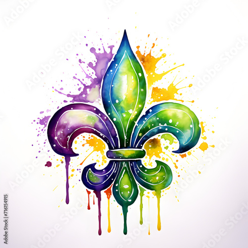 Colorful watercolor  fleur de lys painting splash art on a white background 