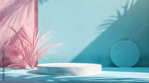White Table Next to Pink Wall, Simple and Striking Interior Design. Podium background for product mockup © Daniel