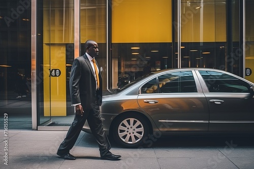 Businessman exiting a taxi and entering the corporate headquarters, Generative AI © Shooting Star Std