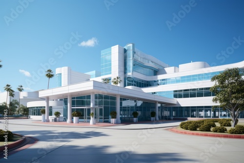 State-of-the-Art Public Hospital Exterior, on an isolated Sky Blue background, Generative AI