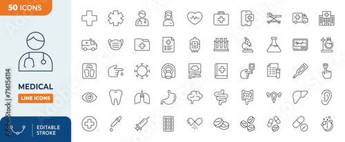 Medical Icons set. Vector illustration in modern thin line style of general medical icons: hospital, doctor, medicine and pharmacology, tests, etc. Editable stroke. Vector illustration